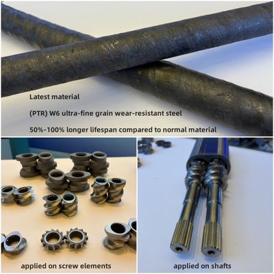 (PTR) W6 piezas de extrusores de acero resistentes al desgaste de granos ultrafinos de extrusores de rosca de doble tornillo Barril y eje